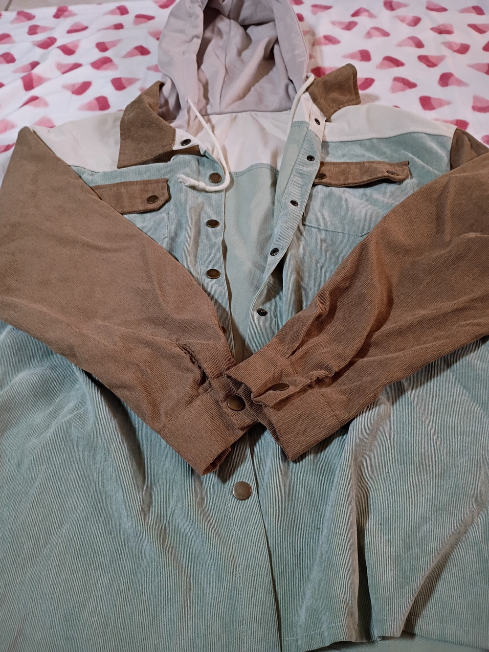 Corduroy Hooded Colorblock Shirt Jacket - Brown & Light Teal